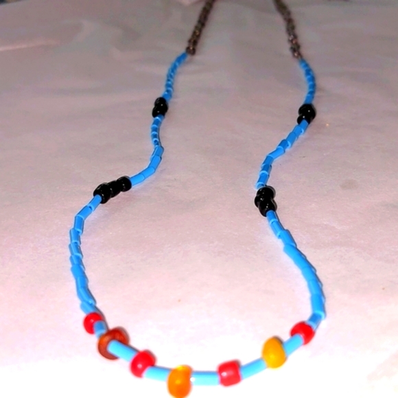 Baltic Amber Turquoise Colored Glass Bugle Beads.Adjustable Necklace. - Picture 2 of 5